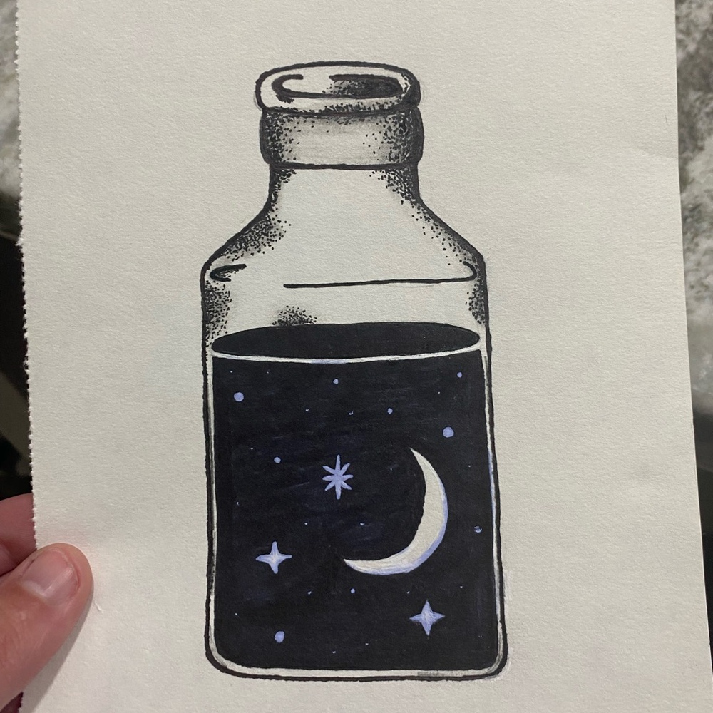 Celestial Night Sky Bottle Art Drawing *Will be framed*
